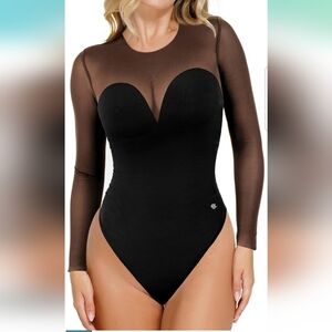 Popilush Longsleeve Black Mesh Shapewear Tummy Control Bodysuit Size Medium